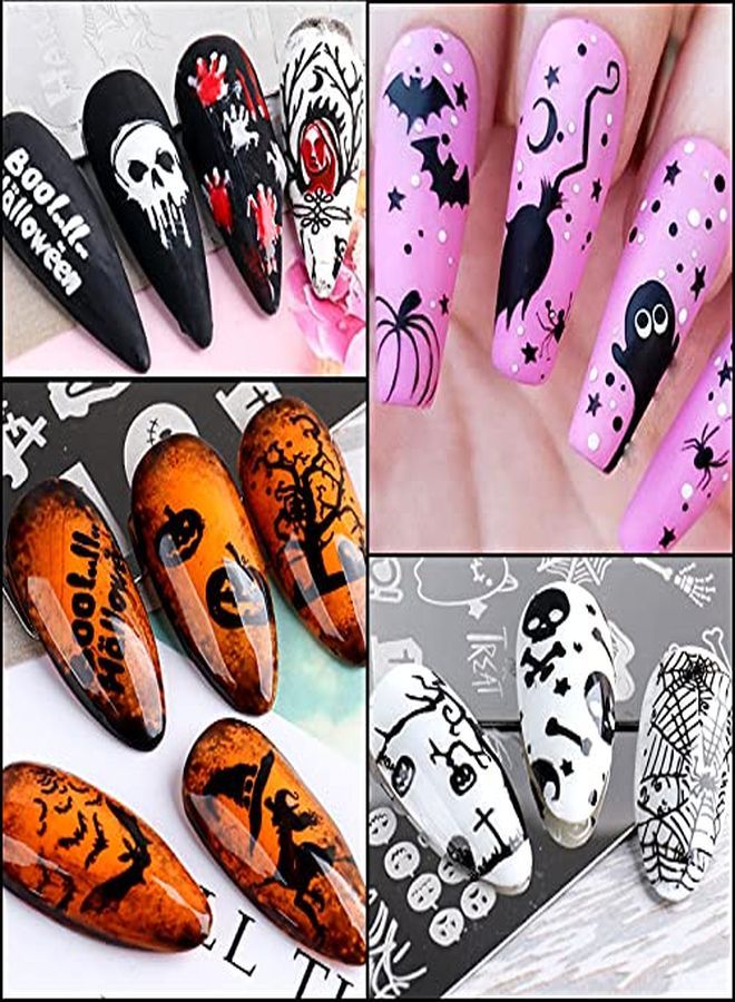 Halloween Nail Stamper Set 6Pcs Nail Art Plates 2 Box Nail Art Glitters Pumpkin Bat Ghost Spider Witch Owl Stamping Templates Gold Black Manicure Sequins For  Nail Salon Decoration