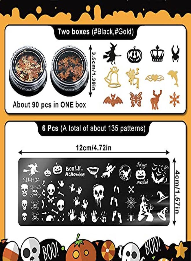Halloween Nail Stamper Set 6Pcs Nail Art Plates 2 Box Nail Art Glitters Pumpkin Bat Ghost Spider Witch Owl Stamping Templates Gold Black Manicure Sequins For  Nail Salon Decoration