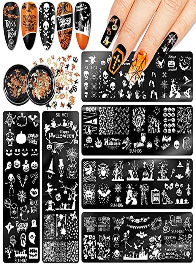 Halloween Nail Stamper Set 6Pcs Nail Art Plates 2 Box Nail Art Glitters Pumpkin Bat Ghost Spider Witch Owl Stamping Templates Gold Black Manicure Sequins For  Nail Salon Decoration
