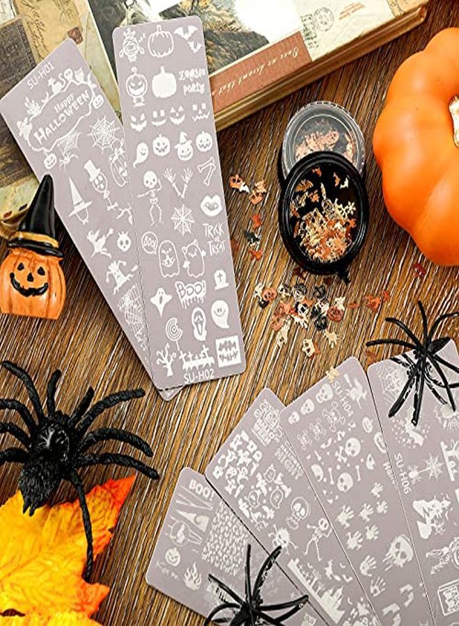 Halloween Nail Stamper Set 6Pcs Nail Art Plates 2 Box Nail Art Glitters Pumpkin Bat Ghost Spider Witch Owl Stamping Templates Gold Black Manicure Sequins For  Nail Salon Decoration
