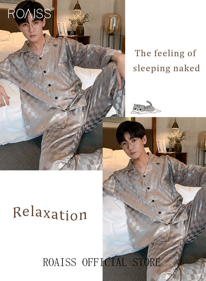 2-Piece Set Men's Long Sleeves Sleepwear Sets Satin Checked Printing Sleepwear Pajamas Pants Silk Nightgown Male Loose Shirts Spring Summer Loungewear Home Clothes