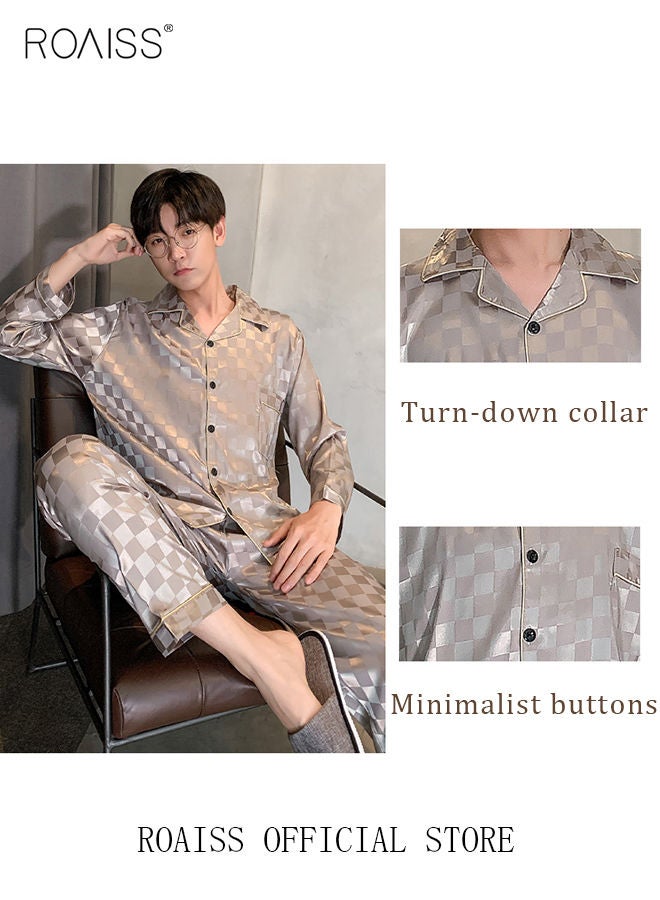 2-Piece Set Men's Long Sleeves Sleepwear Sets Satin Checked Printing Sleepwear Pajamas Pants Silk Nightgown Male Loose Shirts Spring Summer Loungewear Home Clothes