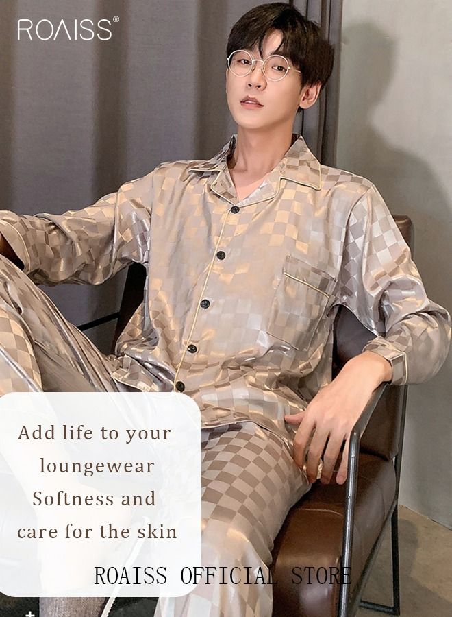 2-Piece Set Men's Long Sleeves Sleepwear Sets Satin Checked Printing Sleepwear Pajamas Pants Silk Nightgown Male Loose Shirts Spring Summer Loungewear Home Clothes