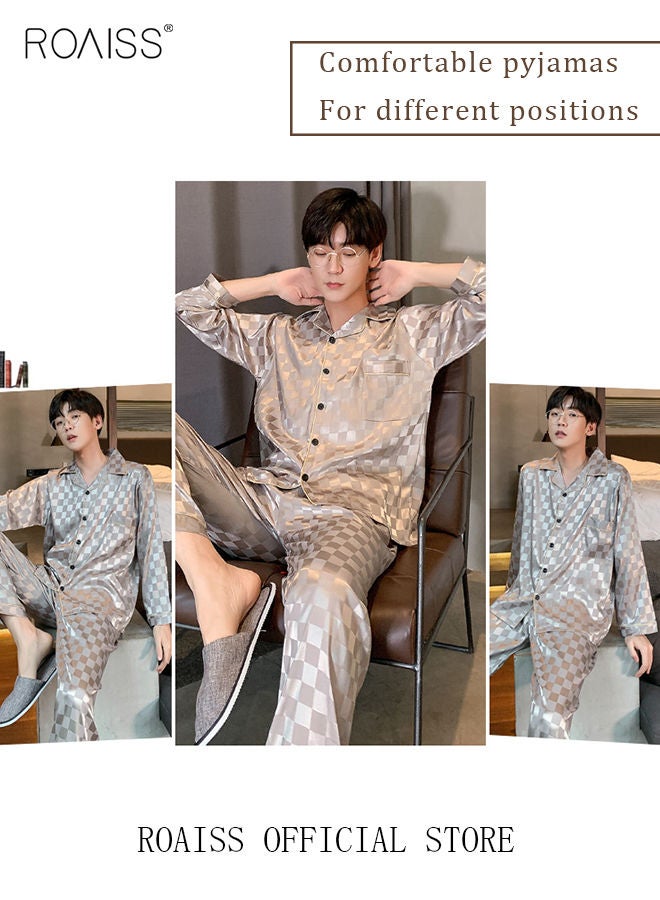 2-Piece Set Men's Long Sleeves Sleepwear Sets Satin Checked Printing Sleepwear Pajamas Pants Silk Nightgown Male Loose Shirts Spring Summer Loungewear Home Clothes