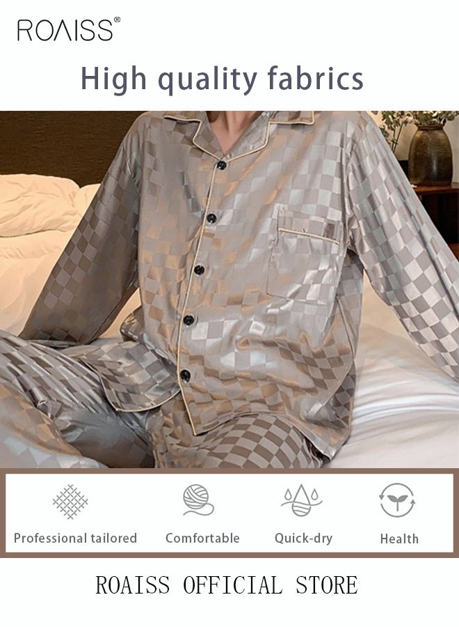 2-Piece Set Men's Long Sleeves Sleepwear Sets Satin Checked Printing Sleepwear Pajamas Pants Silk Nightgown Male Loose Shirts Spring Summer Loungewear Home Clothes