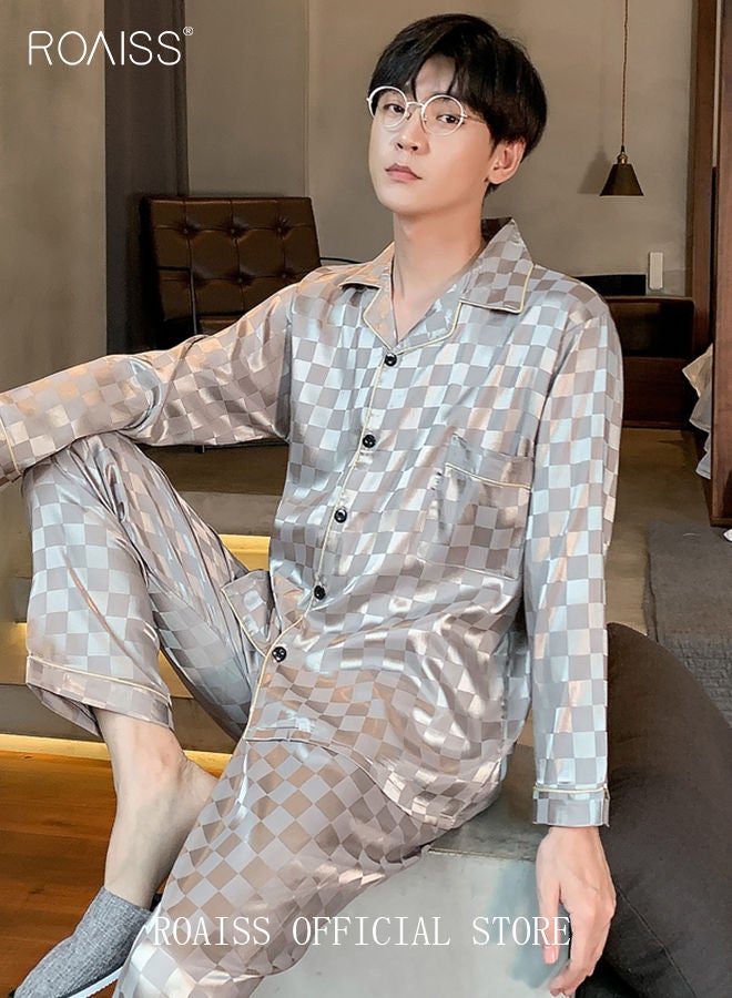 2-Piece Set Men's Long Sleeves Sleepwear Sets Satin Checked Printing Sleepwear Pajamas Pants Silk Nightgown Male Loose Shirts Spring Summer Loungewear Home Clothes