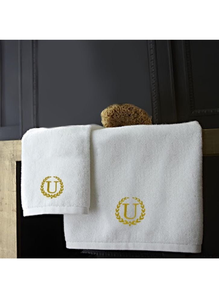 Embroidered For You (White) Luxury Monogrammed Towels (Set of 1 Hand & 1 Bath Towel) 100% cotton, Highly Absorbent and Quick dry, Classic Hotel and Spa Quality Bath Linen-600 Gsm (Golden Letter U)