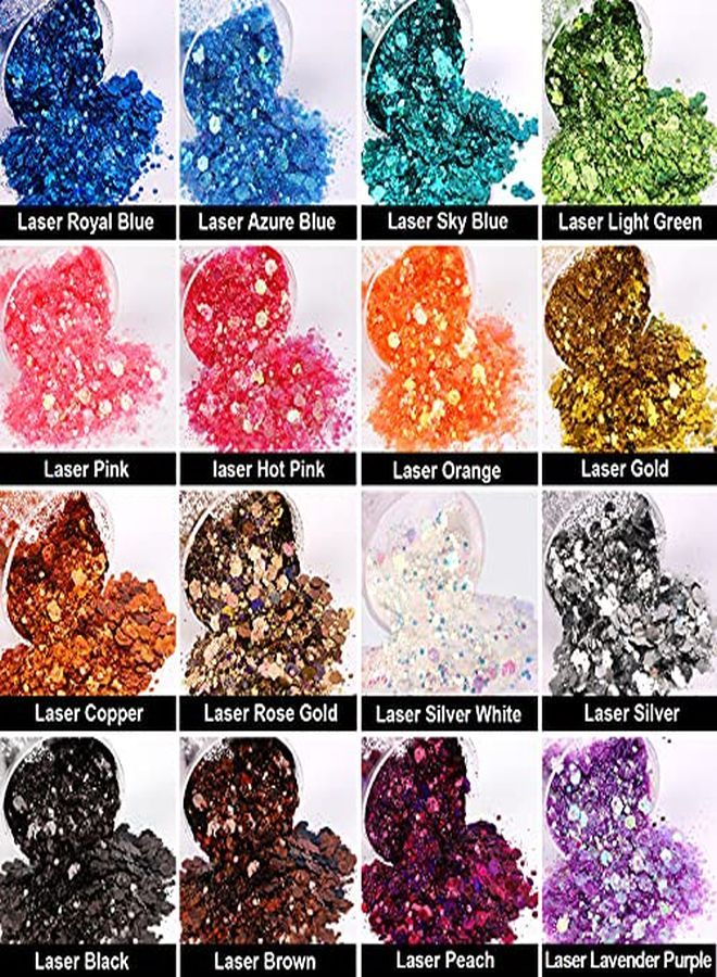 Glitter, Fine Glitters And Holographic Chunky Glitters,Glitter For Nails, Glitter Slime, Assorted Glitter, Festival Glitter For Nail Face Hair Body , Glitter For Resin Tumblers, 16+16Pcs