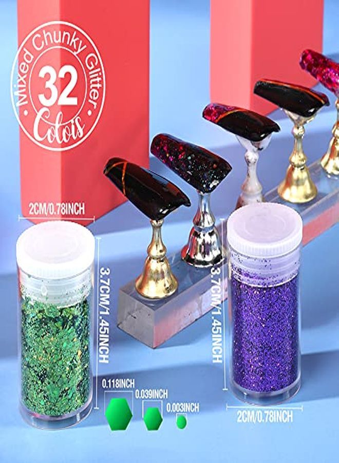 Glitter, Fine Glitters And Holographic Chunky Glitters,Glitter For Nails, Glitter Slime, Assorted Glitter, Festival Glitter For Nail Face Hair Body , Glitter For Resin Tumblers, 16+16Pcs