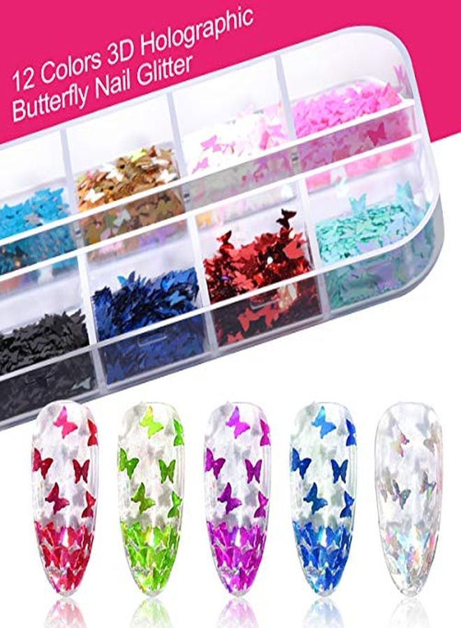 Nail Art Brush, 3D Nail Art Decorations Kit With Nail Pen Designer Dotting Tools Colors Holographic Butterfly Nail Glitter Foil Flakes Nail Tape Strips And Multi-Color Nails Rhinestones