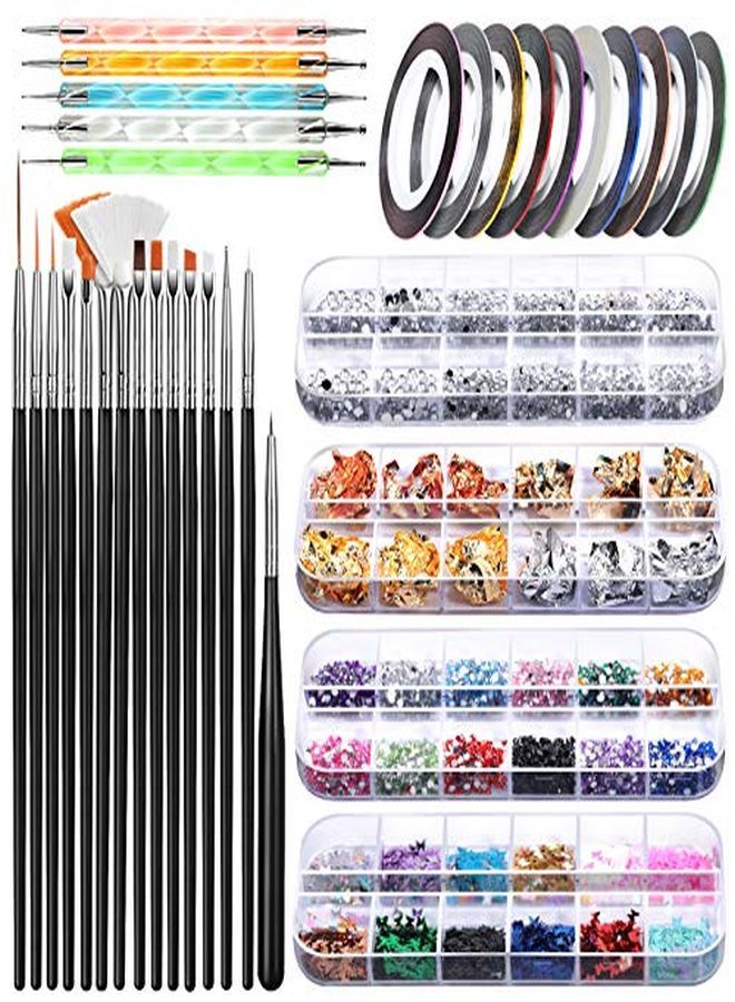 Nail Art Brush, 3D Nail Art Decorations Kit With Nail Pen Designer Dotting Tools Colors Holographic Butterfly Nail Glitter Foil Flakes Nail Tape Strips And Multi-Color Nails Rhinestones