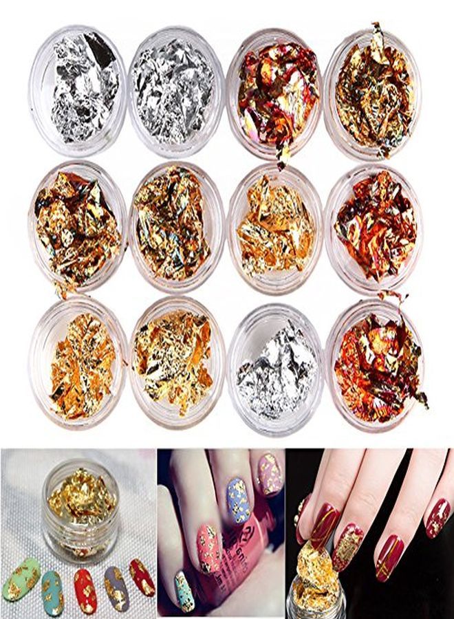 12 Pot/Set Nail Art Gold Silver Paillette Flake Chip Foil Diy Glitter Decal Acrylic Uv Gel Decoration