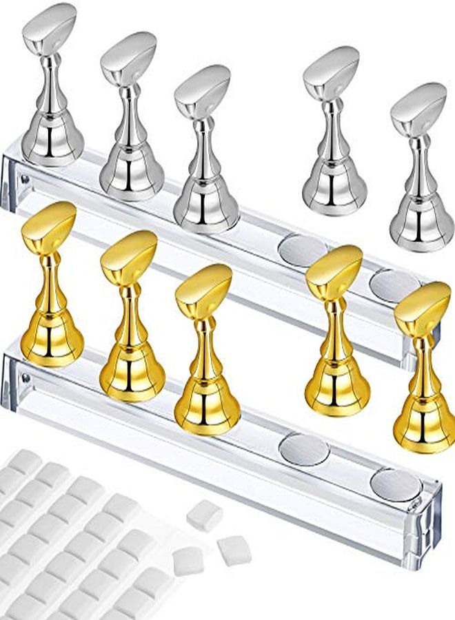 2 Set Acrylic Nail Art Practice Stands Magnetic Nail Tips Holders Training Fingernail Display Stands  Nail Crystal Holders And 96 Pieces White Reusable Adhesive Putty (Gold And Silver)