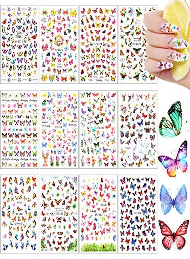 24 Sheets Butterfly Nail Art Stickers Colorful Butterfly Flower Nail Stickers Mixed Design SelfAdhesive Nail Decals Butterfly Manicure Sticker For Women Girl Nail Decorations 12 Styles