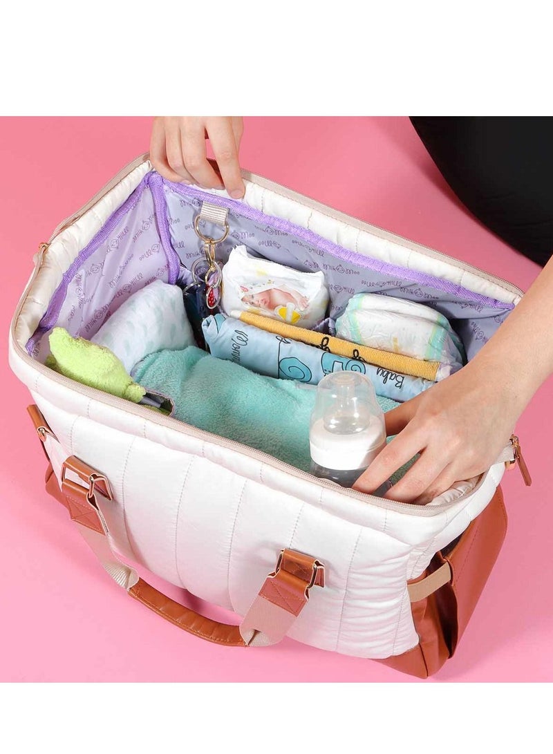 Tote Diaper Bag, Quilted Large Capacity for Baby Care, Water Resistant Vegan Leather Material, Heat Insulated Pockets, Multipurpose Use as Shoulder Bag, Travel Bag, Hospital Bag