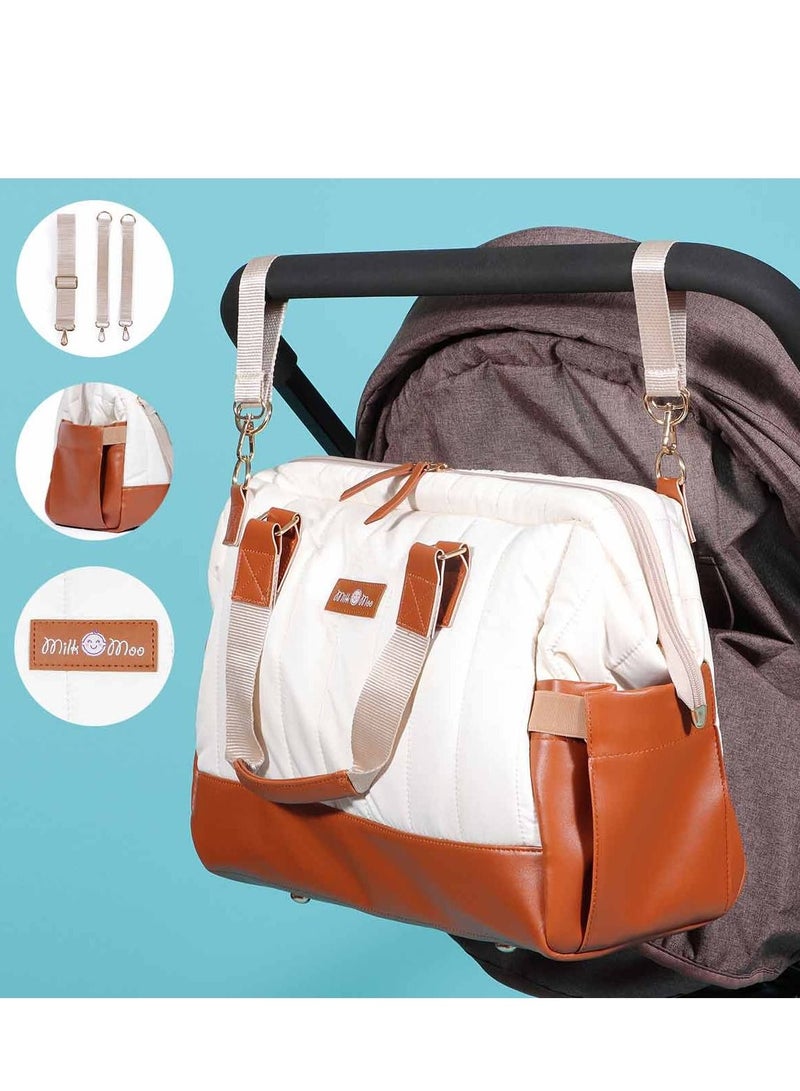 Tote Diaper Bag, Quilted Large Capacity for Baby Care, Water Resistant Vegan Leather Material, Heat Insulated Pockets, Multipurpose Use as Shoulder Bag, Travel Bag, Hospital Bag
