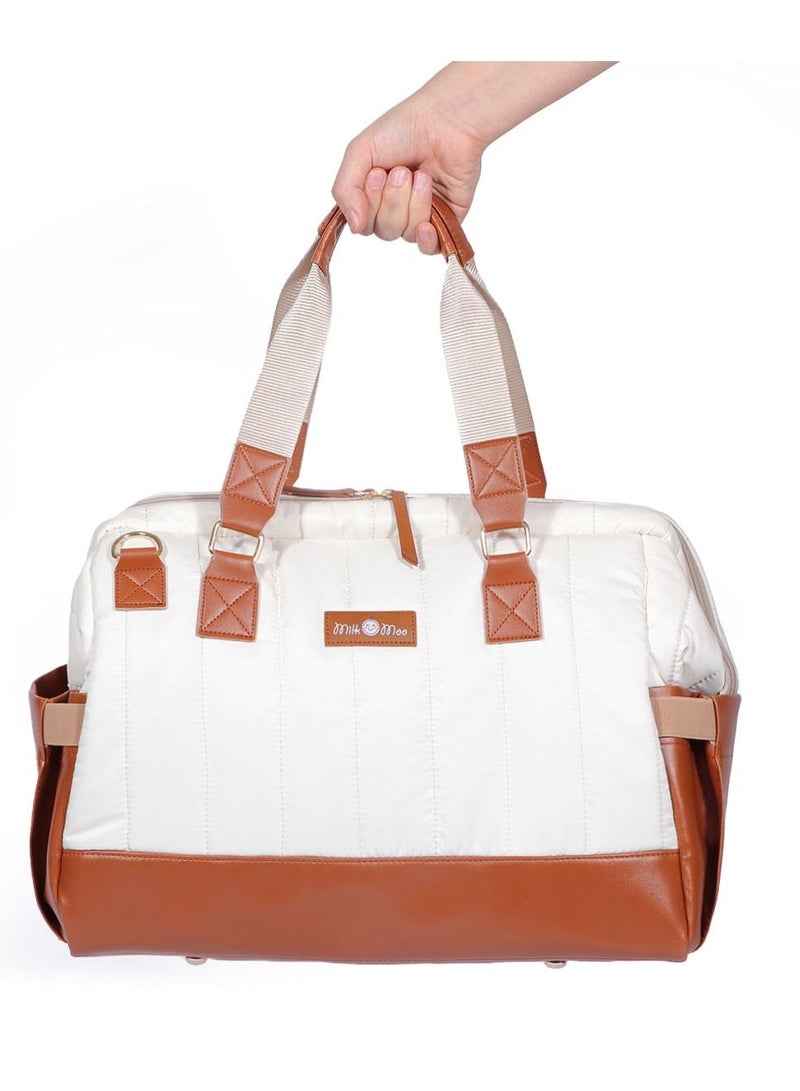 Tote Diaper Bag, Quilted Large Capacity for Baby Care, Water Resistant Vegan Leather Material, Heat Insulated Pockets, Multipurpose Use as Shoulder Bag, Travel Bag, Hospital Bag