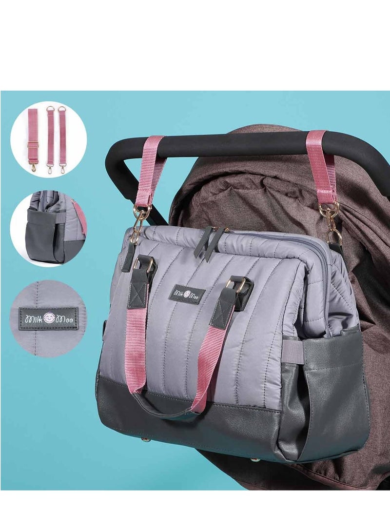 Tote Diaper Bag, Quilted Large Capacity for Baby Care, Water Resistant Vegan Leather Material, Heat Insulated Pockets, Multipurpose Use as Shoulder Bag, Travel Bag, Hospital Bag
