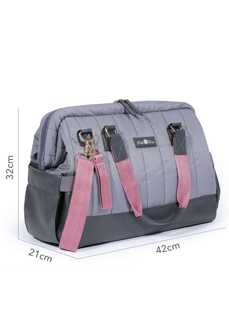 Tote Diaper Bag, Quilted Large Capacity for Baby Care, Water Resistant Vegan Leather Material, Heat Insulated Pockets, Multipurpose Use as Shoulder Bag, Travel Bag, Hospital Bag