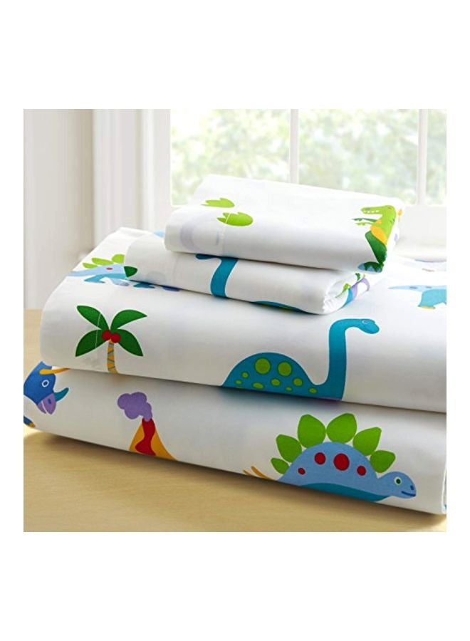 3-Piece Dinosaur Land Printed Sheet And Pillowcase Sets Cotton White/Green/Blue