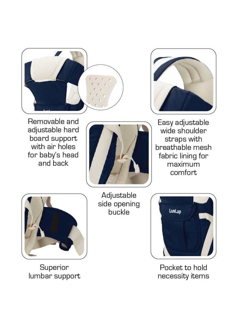 Elegant Baby Carrier with 4 carry positions Baby carrier for 4 to 24 months baby Adjustable New born to Toddler Carrier with cushioned leg support Max weight Up to 15 Kgs Navy Blue