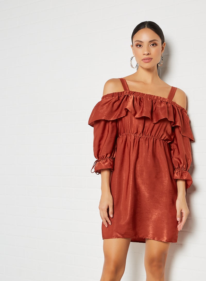Ruffle Detail Off-Shoulder Dress Brick
