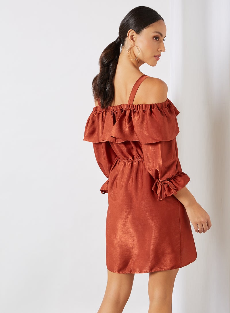 Ruffle Detail Off-Shoulder Dress Brick