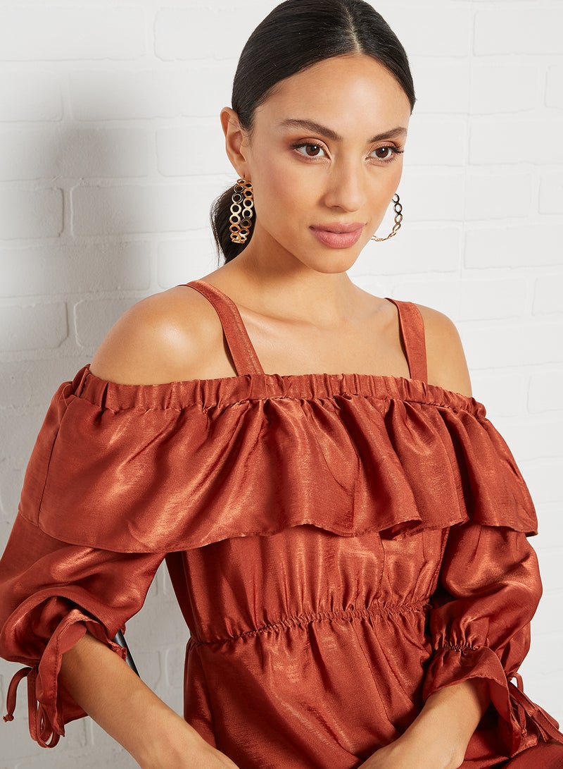 Ruffle Detail Off-Shoulder Dress Brick
