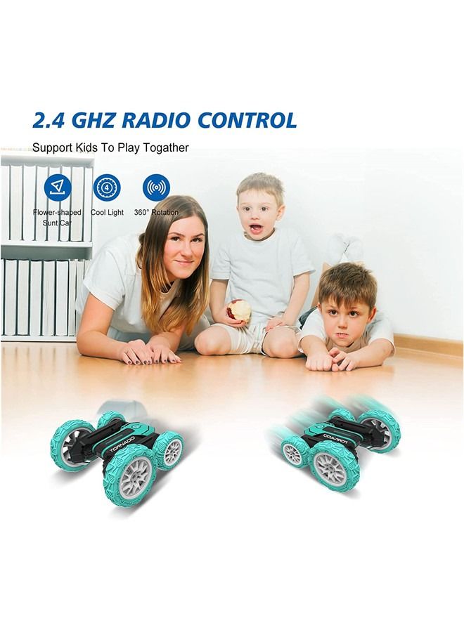 Remote Control Stunt Car Double Sided Rotating Tumbling 360 Degree Flips, with Music and Led Lights (Green）