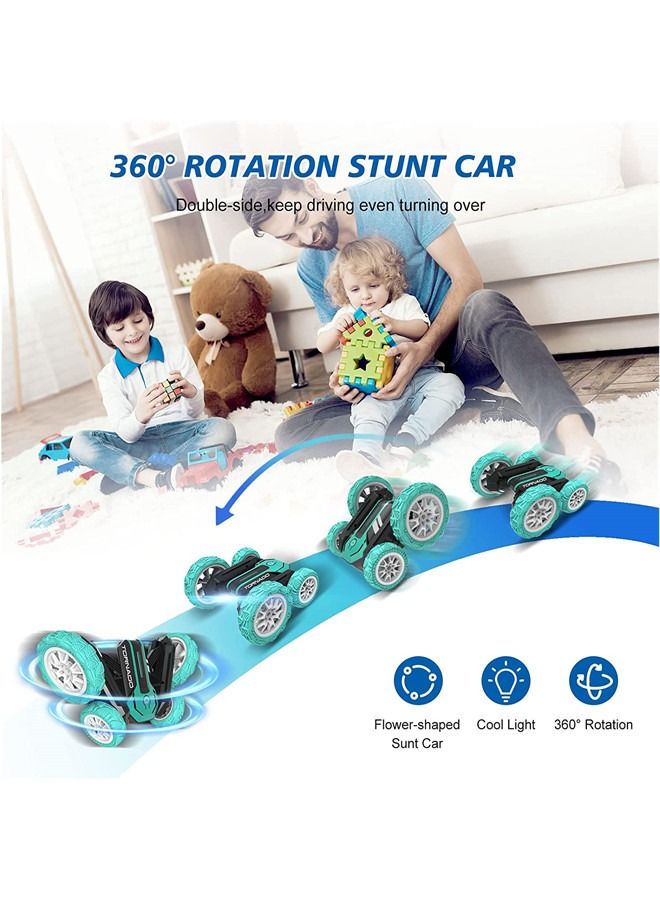 Remote Control Stunt Car Double Sided Rotating Tumbling 360 Degree Flips, with Music and Led Lights (Green）