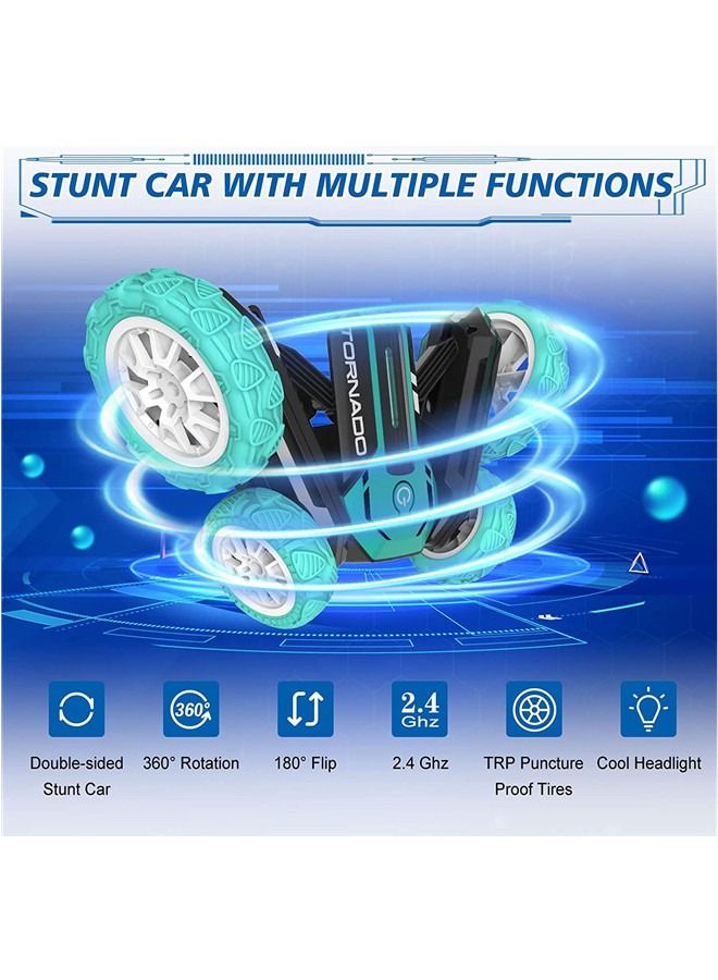 Remote Control Stunt Car Double Sided Rotating Tumbling 360 Degree Flips, with Music and Led Lights (Green）