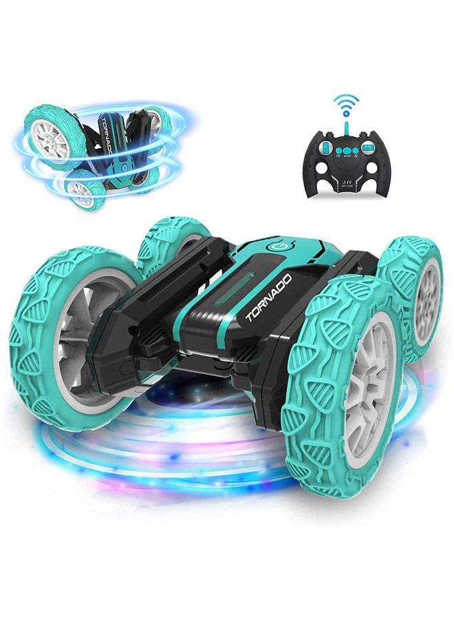 Remote Control Stunt Car Double Sided Rotating Tumbling 360 Degree Flips, with Music and Led Lights (Green）