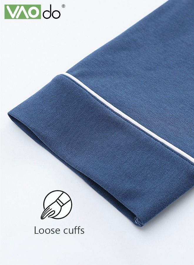 Long Cotton Bathrobes Men's Skin-Friendly Belt Homewear Four Seasons Wearable Bathrobes Blue