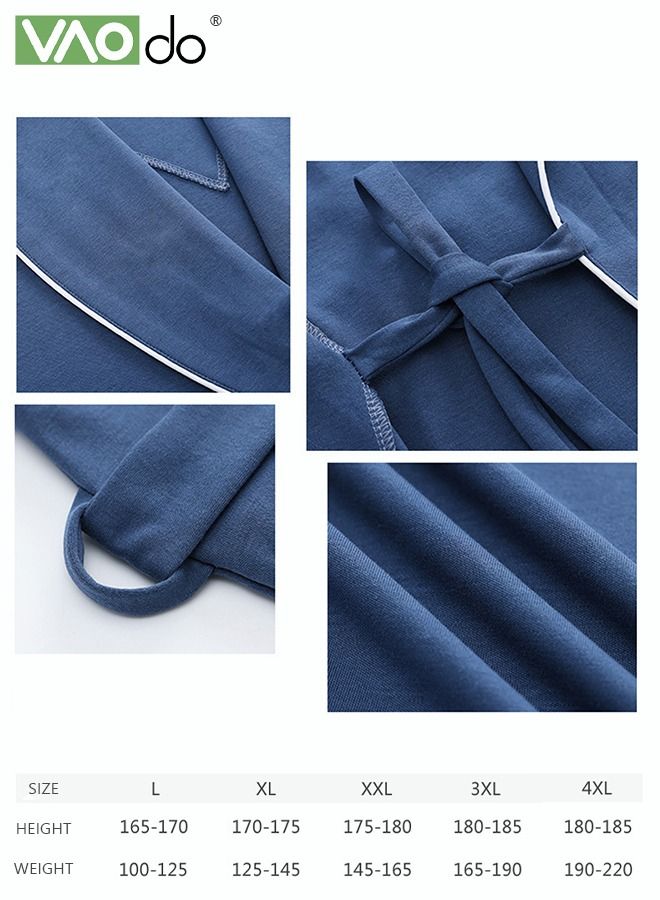 Long Cotton Bathrobes Men's Skin-Friendly Belt Homewear Four Seasons Wearable Bathrobes Blue