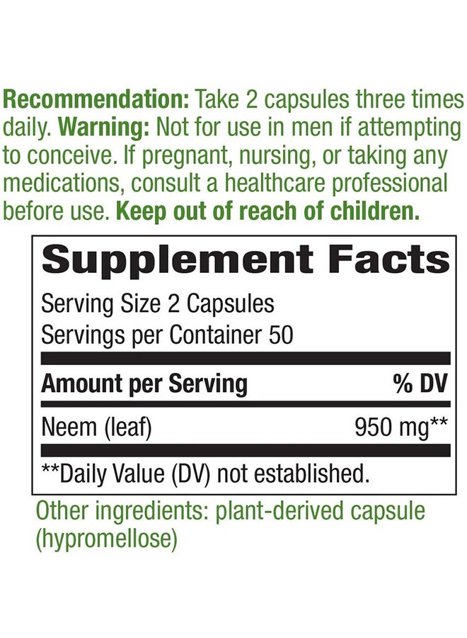 Dietary Supplement  Premium Herbal Neem Leaf 950 Mg - 100 Capsules