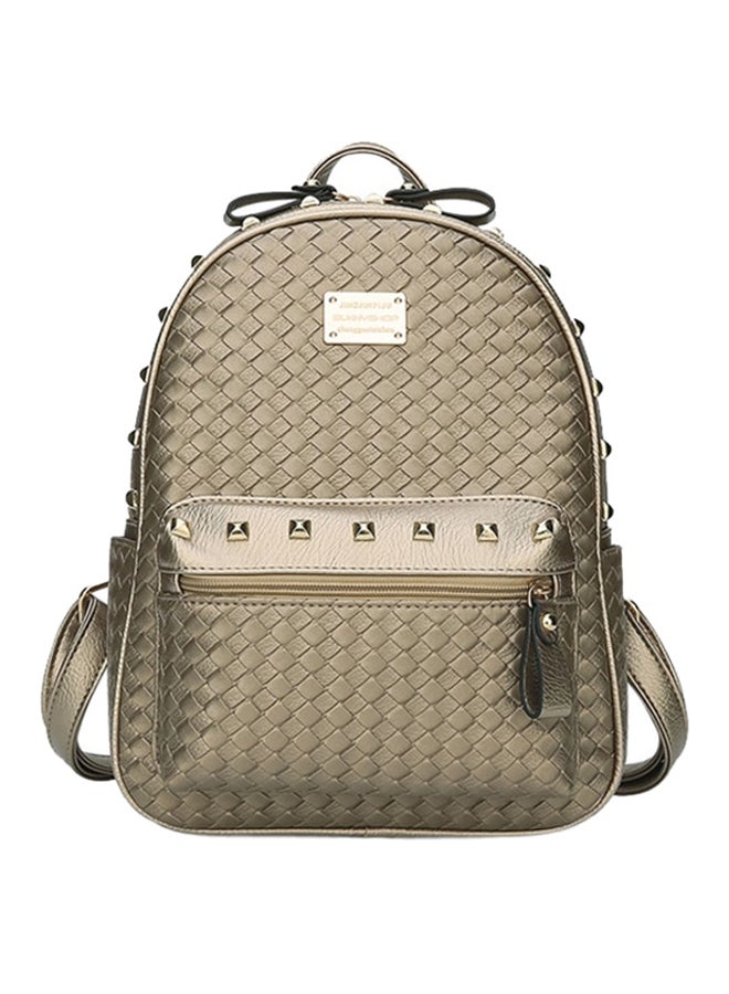 Studs Woven Solid Color Zipper Closure Fashion Backpack Light Brown