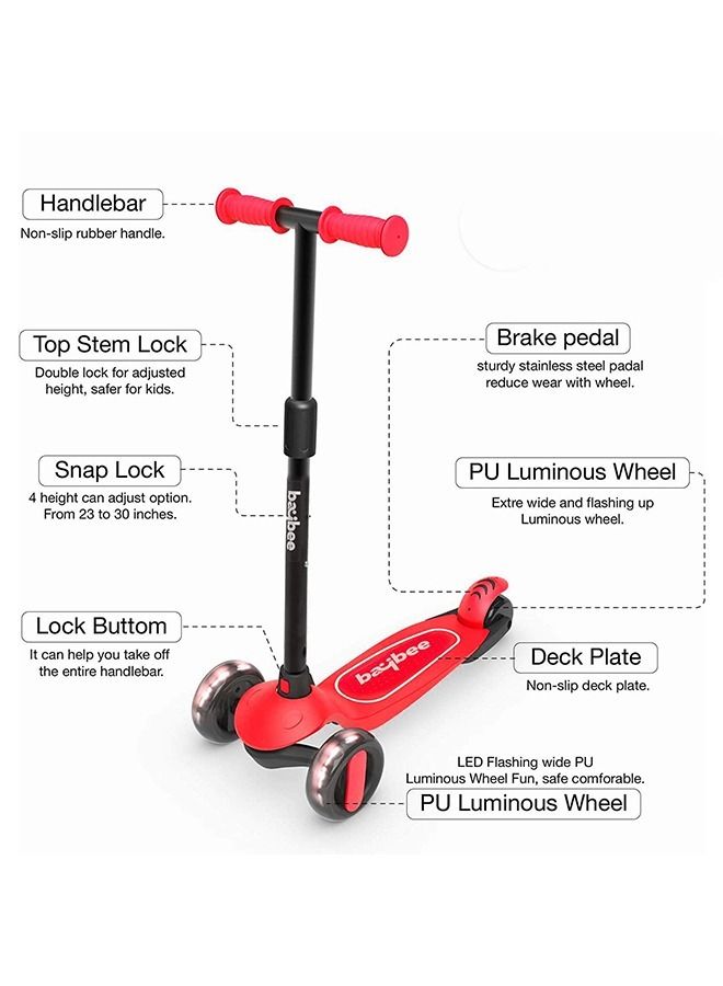 Baybee Alpha Skate Scooter for Kids 3 Wheel Kids Scooter with Foldable 4 Height Adjustable Handle Baby Scooter with LED PU Wheels Smart Kick Scooter for Children's 3 to 10 Years Girls Boys Red