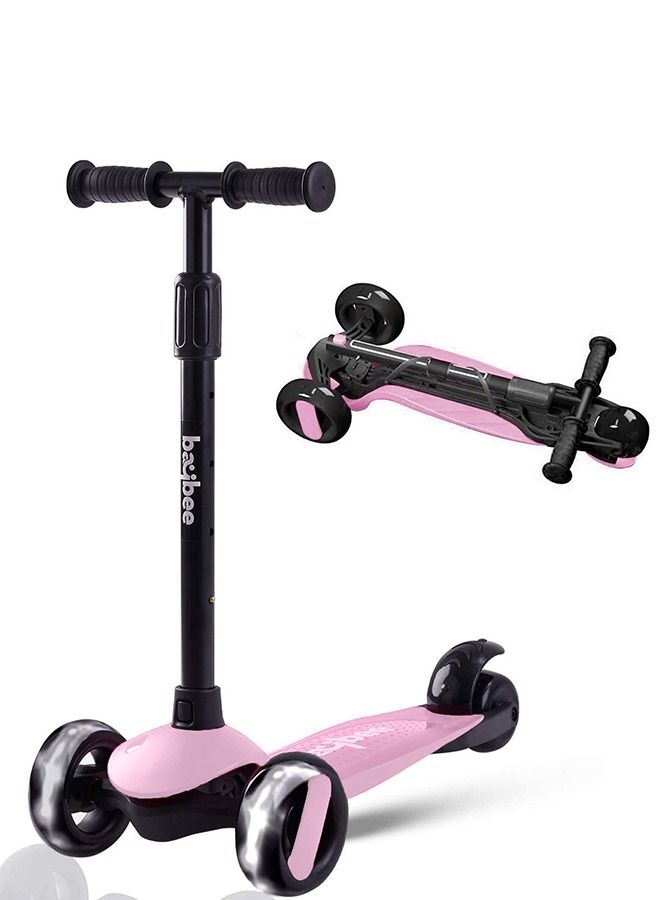 Baybee Alpha Skate Scooter for Kids 3 Wheel Kids Scooter with Foldable Height Adjustable Handle Baby Scooter with LED PU Wheels Kick Scooter for Baby Scooter for Kids 3-10 Year Boy Girl Light Pink