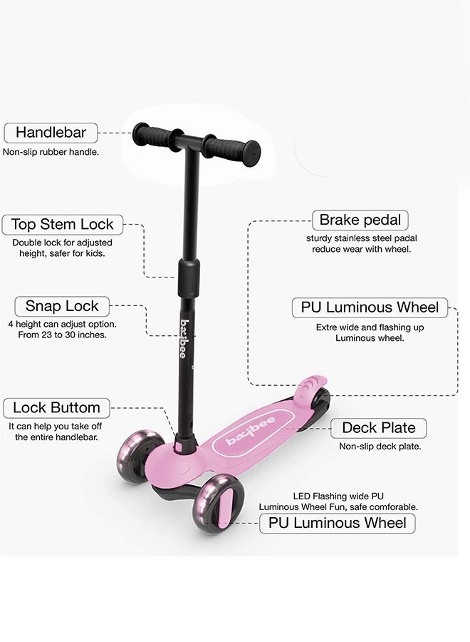 Baybee Alpha Skate Scooter for Kids 3 Wheel Kids Scooter with Foldable Height Adjustable Handle Baby Scooter with LED PU Wheels Kick Scooter for Baby Scooter for Kids 3-10 Year Boy Girl Light Pink