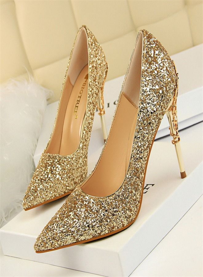 Shallow Pointed Sequin High Heels 9.5CM Gold