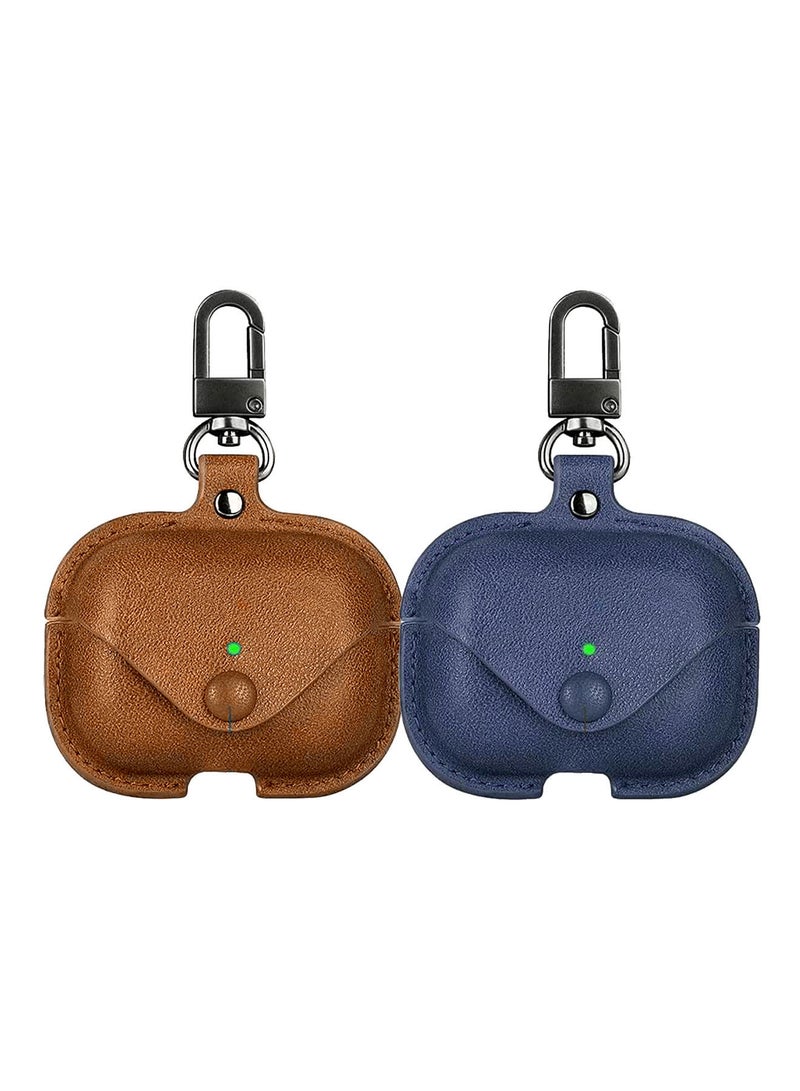 YOMNA Protective Leather Case Compatible with AirPods Pro 2 Case, Wireless Charging Case Headphones EarPods, Soft Leather Cover with Carabiner Clip (Brown/Navy Blue) - (Set of 2)