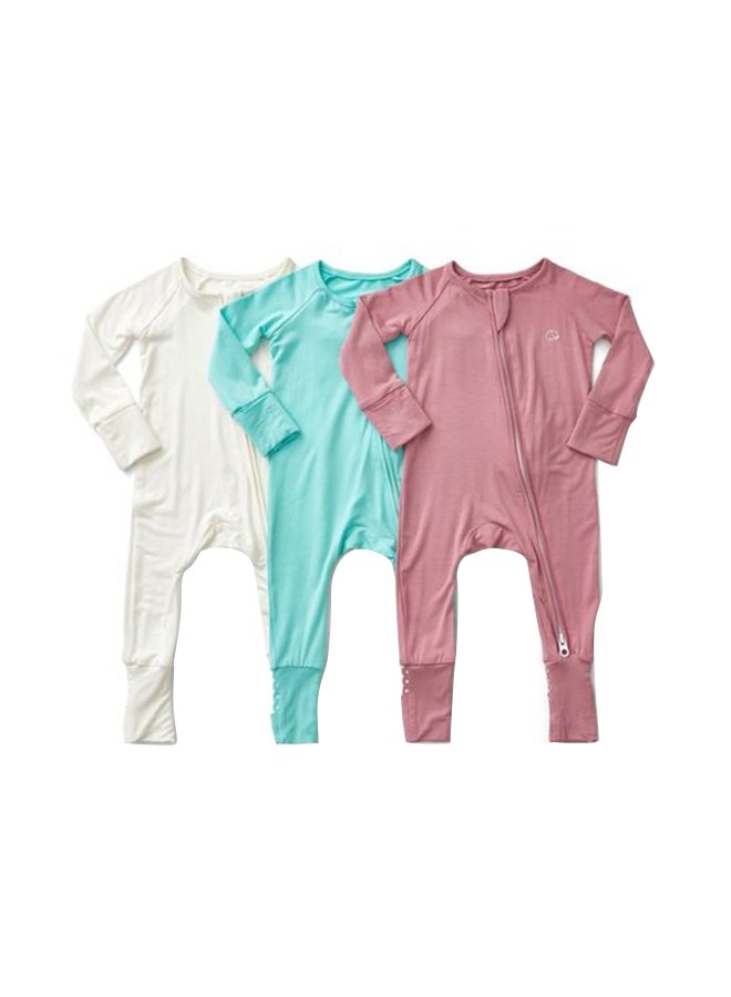 Set of 3 Bamboo Spandex Zipper Sleepsuit- White/Sky/Lilac 0-3m