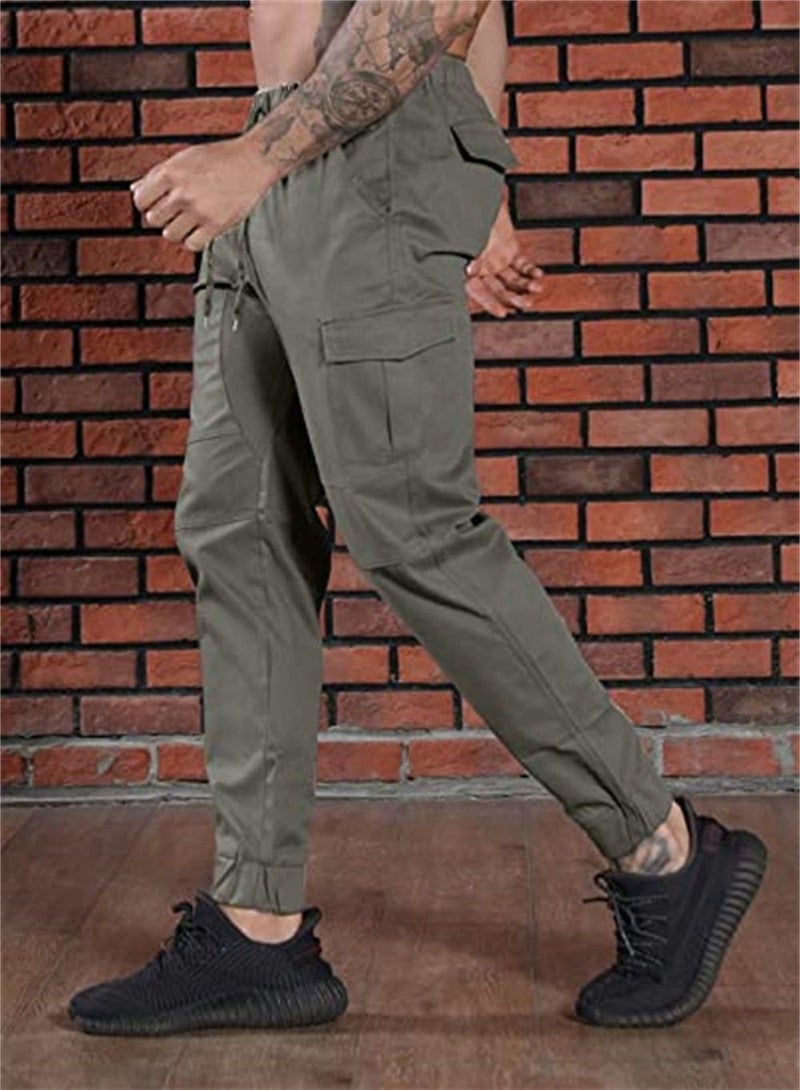 Outdoor Sports Cargo Pants for Men Athletic Workout Long Pant Breathable Elastic Waist Trouser with Multi Pockets