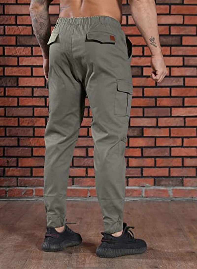 Outdoor Sports Cargo Pants for Men Athletic Workout Long Pant Breathable Elastic Waist Trouser with Multi Pockets