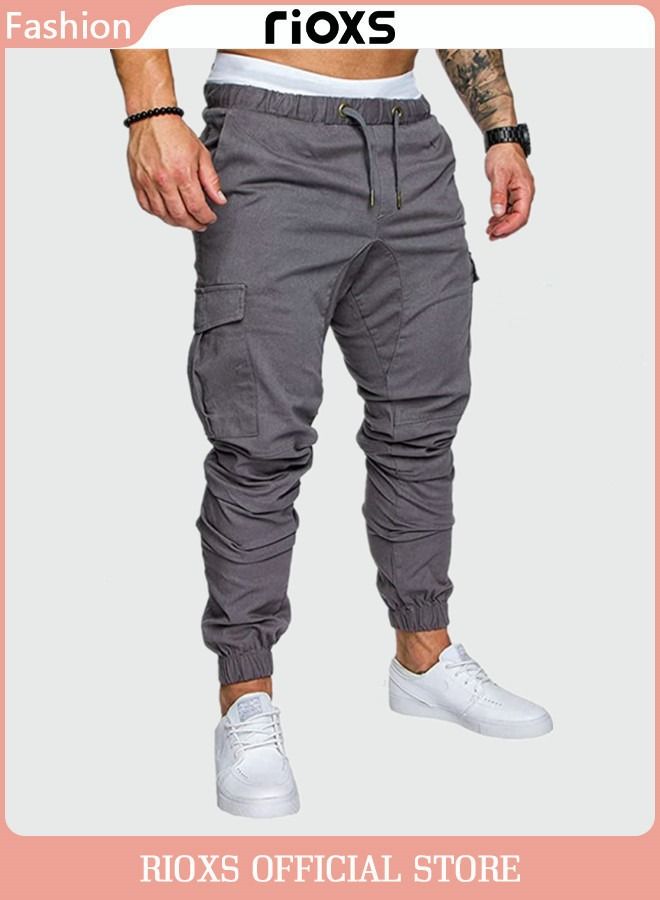 Outdoor Sports Cargo Pants for Men Athletic Workout Long Pant Breathable Elastic Waist Trouser with Multi Pockets