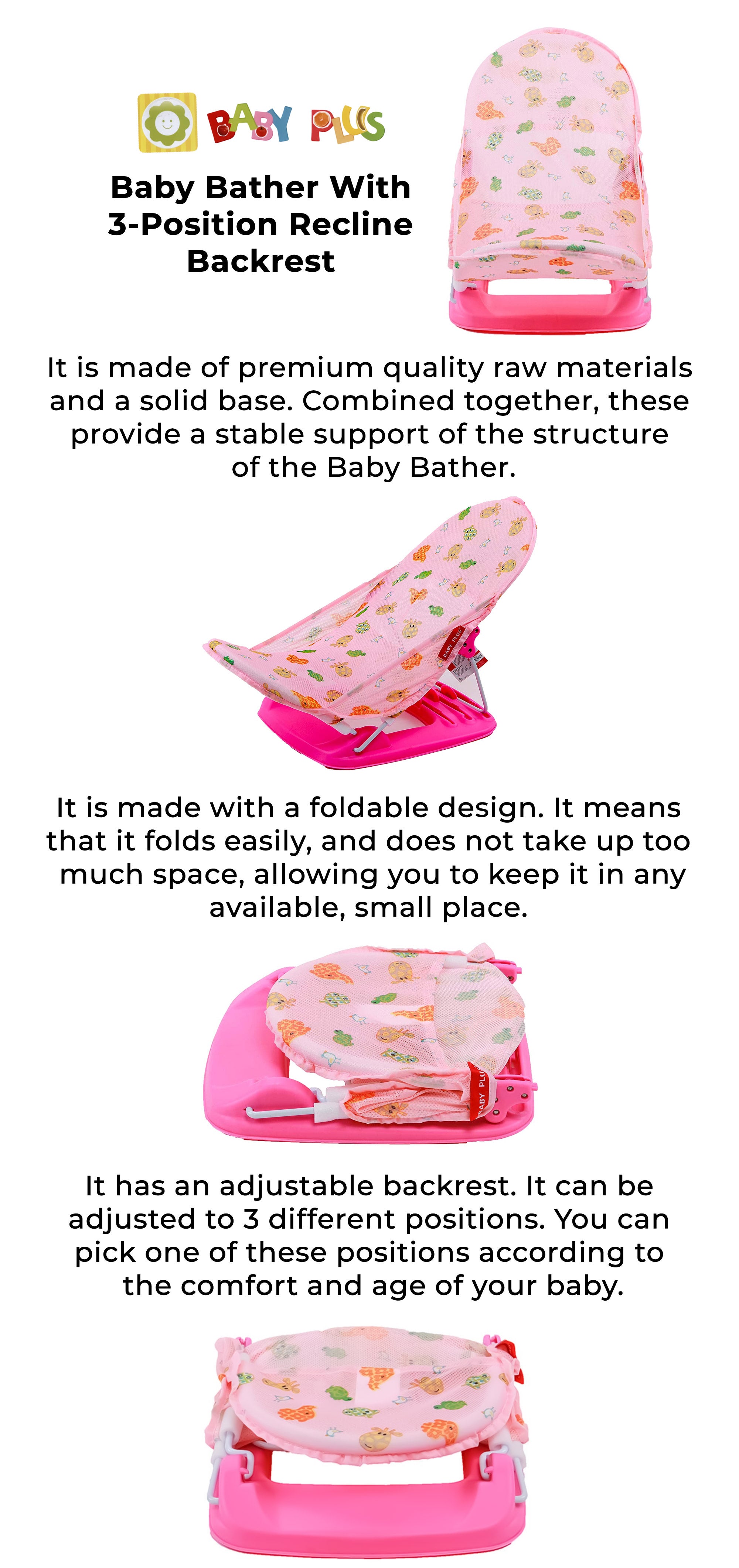 Lightweight Foldable Design Baby Bather With Adjustable 3-position Recline Backrest - BP8284-PINK