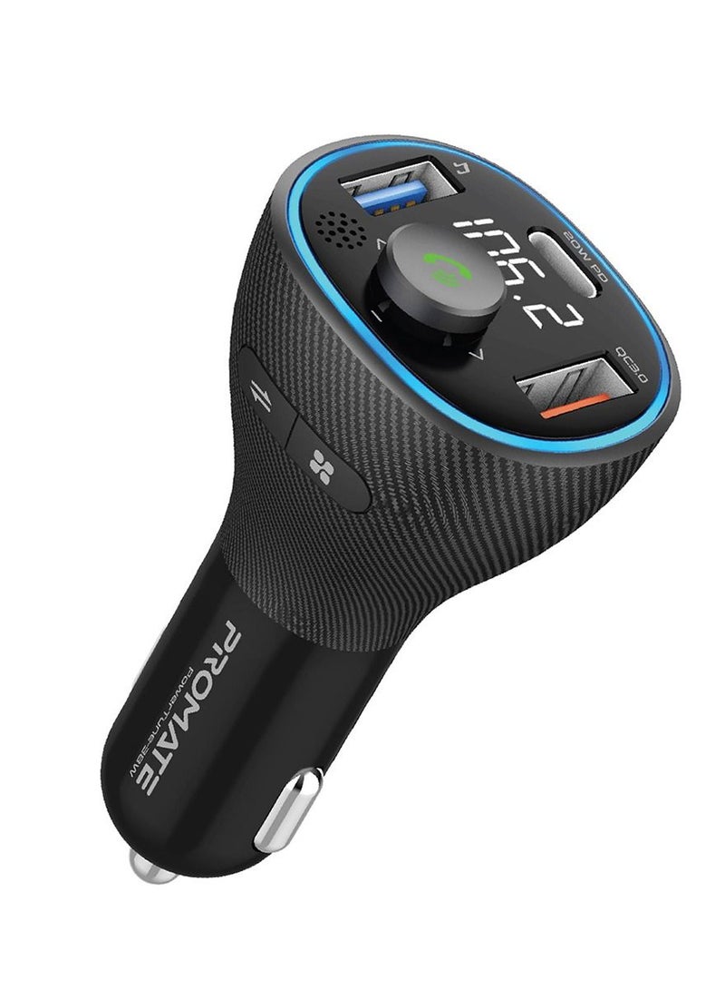 Promate Wireless FM Transmitter with Bluetooth V5.1, USB-C PD, QC 3.0, USB Media Port and Mic, PowerTune-38W