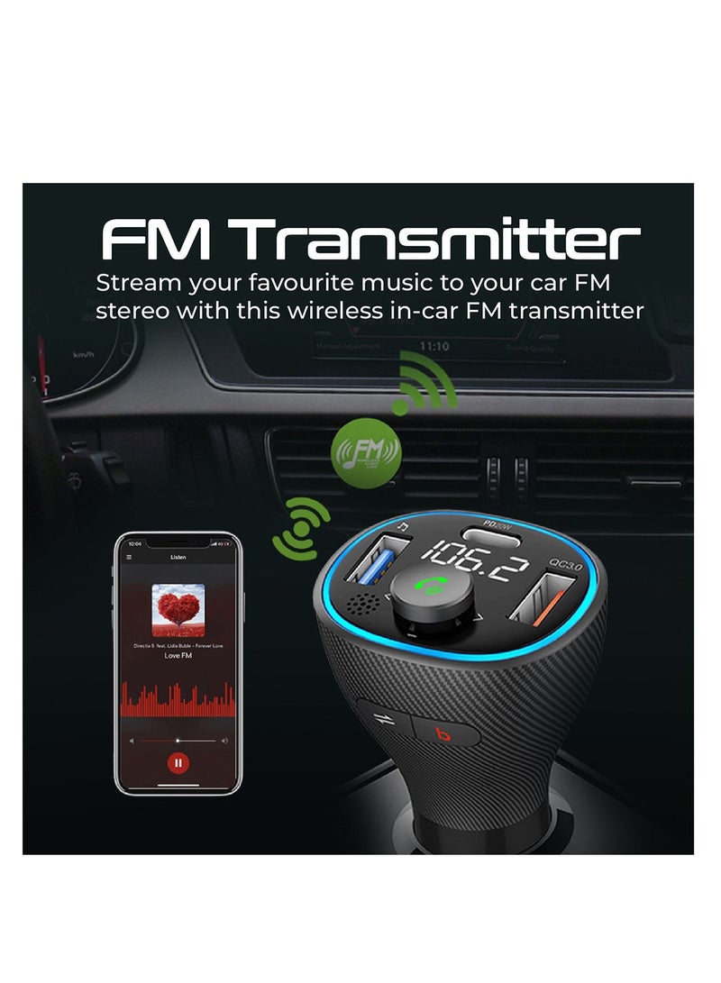 Promate Wireless FM Transmitter with Bluetooth V5.1, USB-C PD, QC 3.0, USB Media Port and Mic, PowerTune-38W