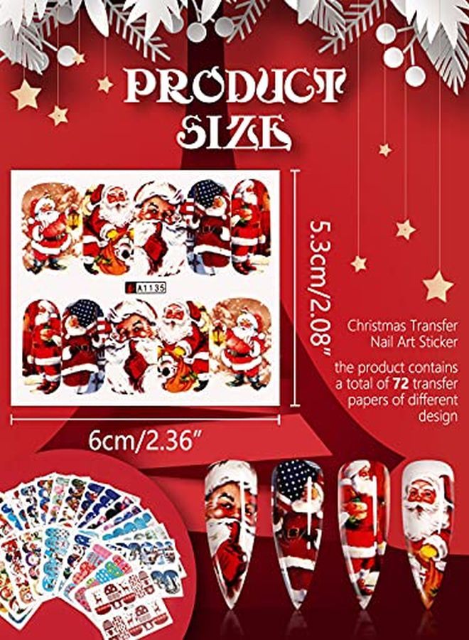 72 Sheets Christmas Nail Art Stickers Decals, Adhesive Water Transfer Nail Decals Snowflake Santa Claus Reindeer Christmas Bell Socks Design For Women Girls Diy Nail Manicure Decoration