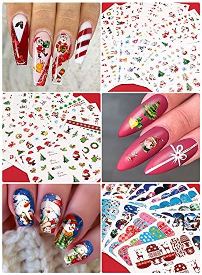 72 Sheets Christmas Nail Art Stickers Decals, Adhesive Water Transfer Nail Decals Snowflake Santa Claus Reindeer Christmas Bell Socks Design For Women Girls Diy Nail Manicure Decoration